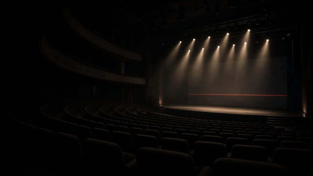 Product render of an empty concert theatre with seating and a lighting truss